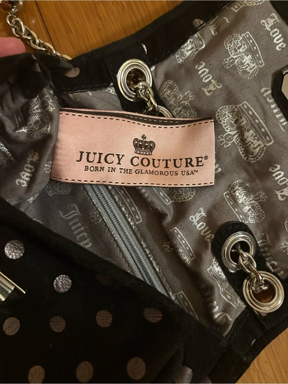 Juicy Couture Black Shoulder Bag with Silver Polka Dots Adjustable strap